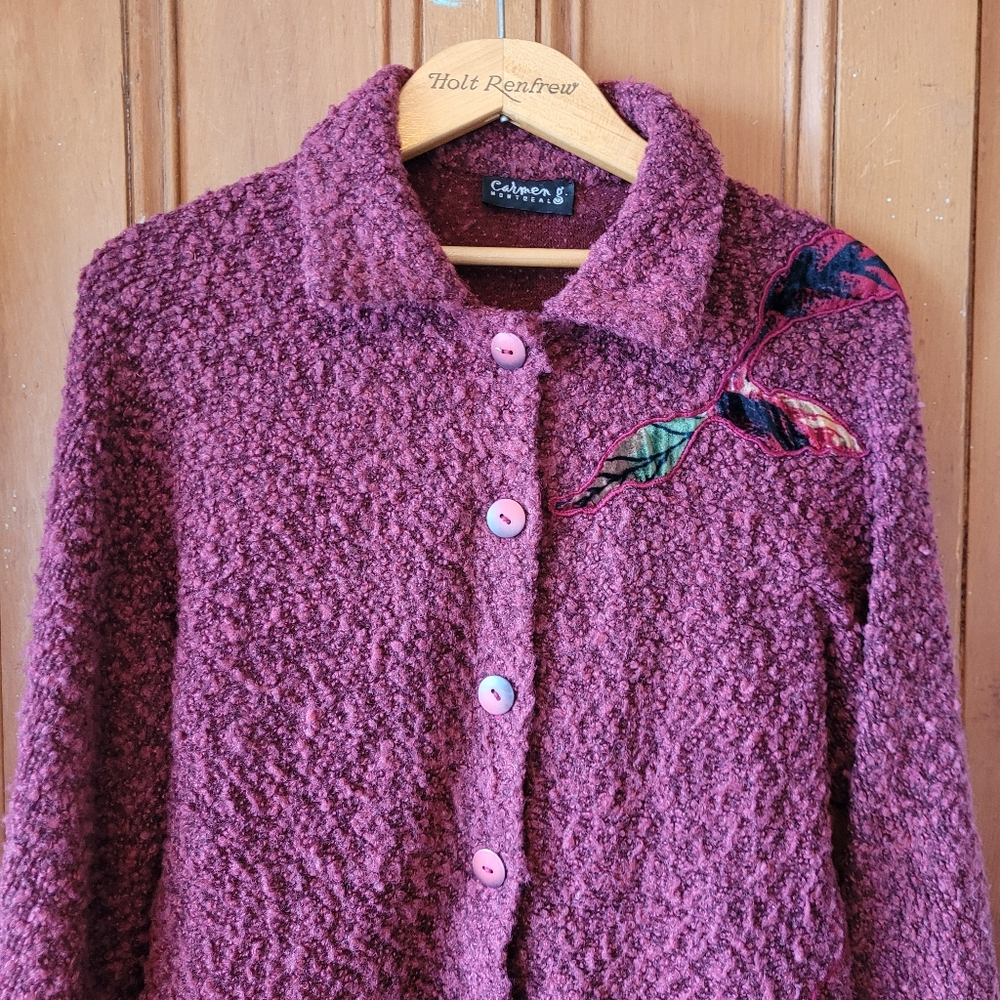 Vintage 90s Y2K Fairycore Whimsigoth Knit Cardigan Velvet Leaf Appliqué S/M - Picture 3 of 12